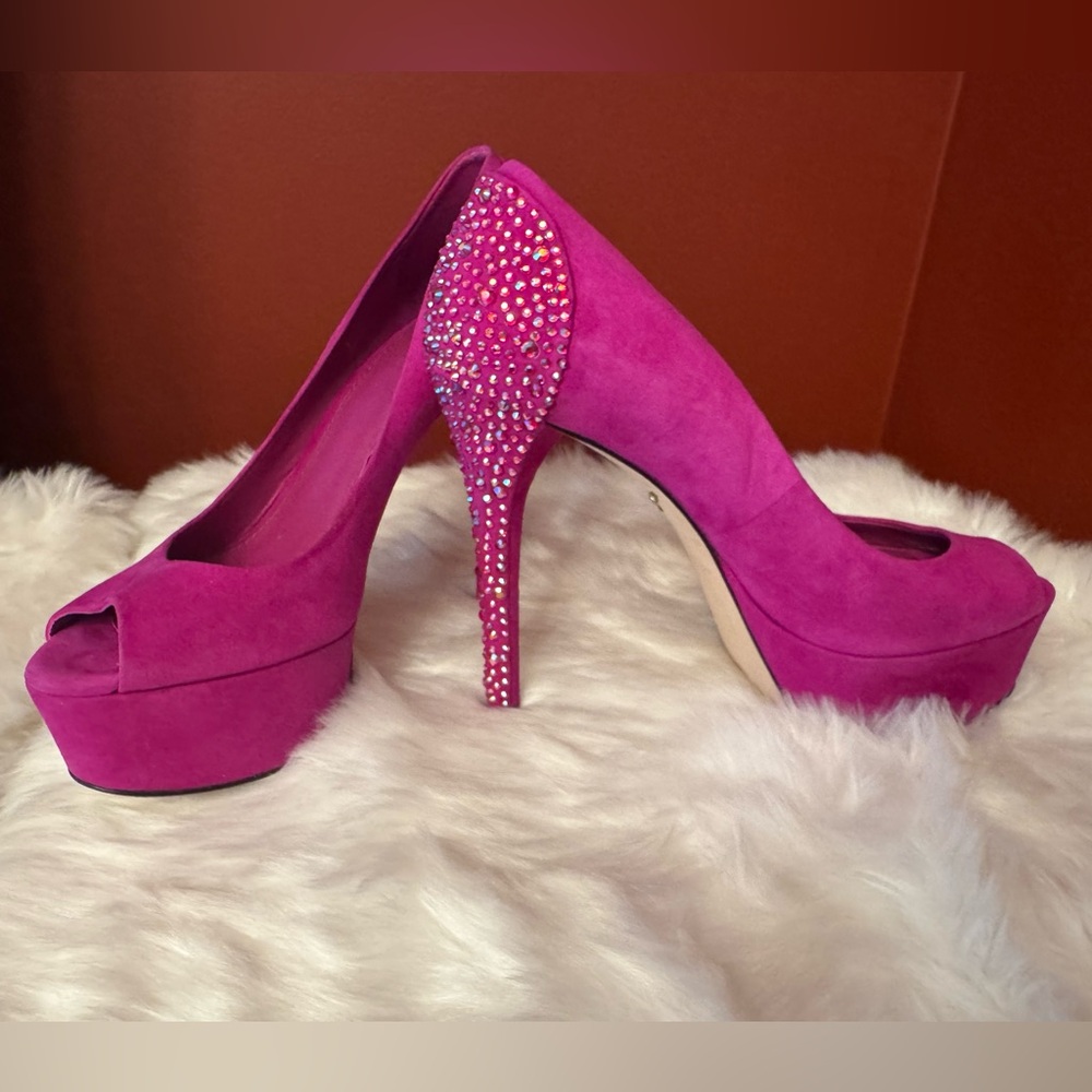 Brian Atwood‎ Magenta Platform Rhinestone Peep Toe Pumps Size 8